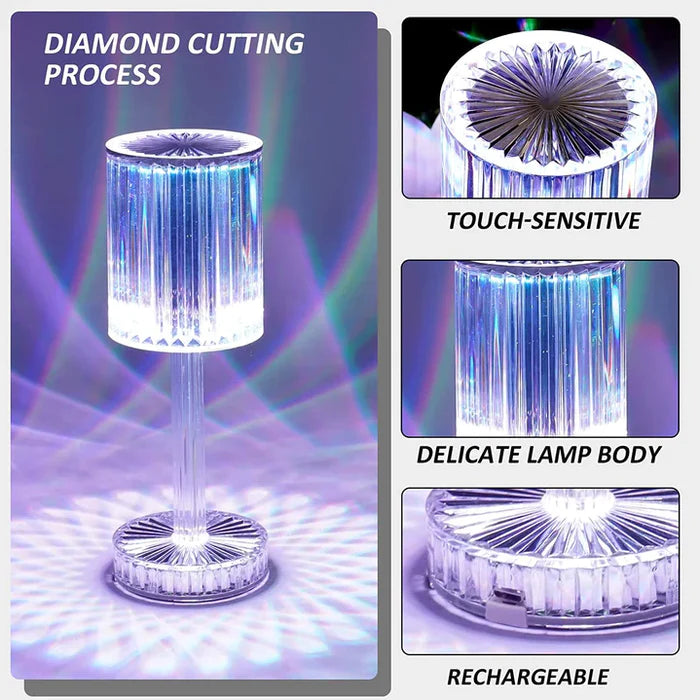 Brilla: Modern Crystal LED Table Lamp with 16-Color Changing RGB, Touch Control, USB Rechargeable & Diamond Cut Design